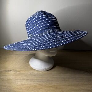 Scala Collezione Blue Polka Dot Wide Brim Sun Hat Ribbon Bow Floppy Beach Cap OS